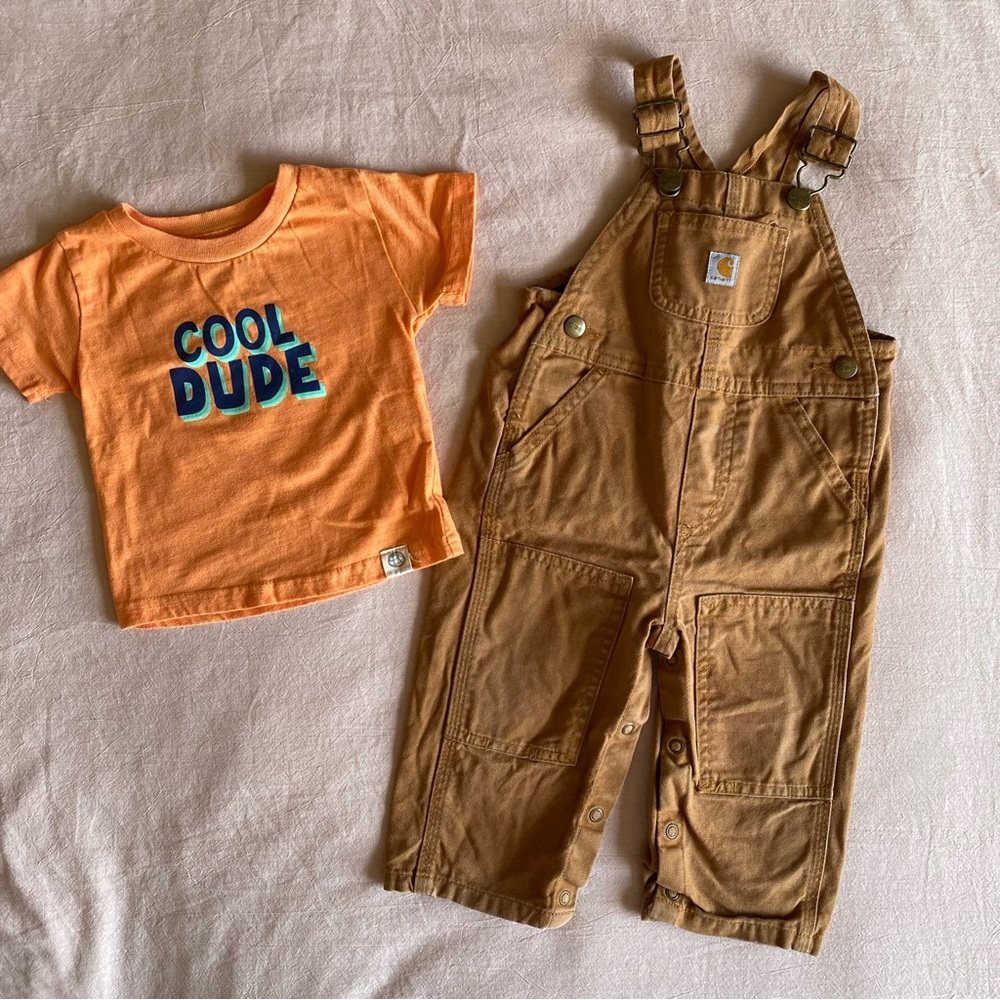 Carhartt Toddler Baby Tan/Brown Bib Overalls with Orange Tee. Size 12M